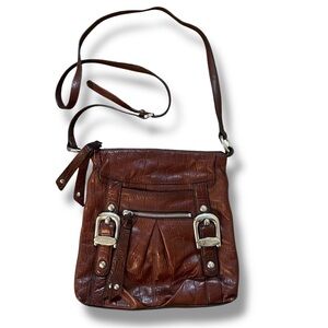 B. Makowsky Cognac Leather Crossbody Bag Purse Buckle Details